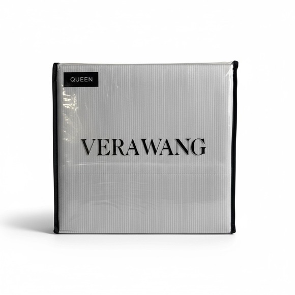 Vera Wang‎ Queen Sheet Set Luxurious Satin Weave Etched Gray White Stripe Cotton